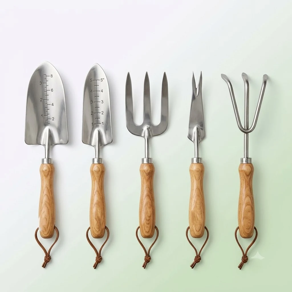 Five-piece stainless steel garden hand tool set with wooden handles