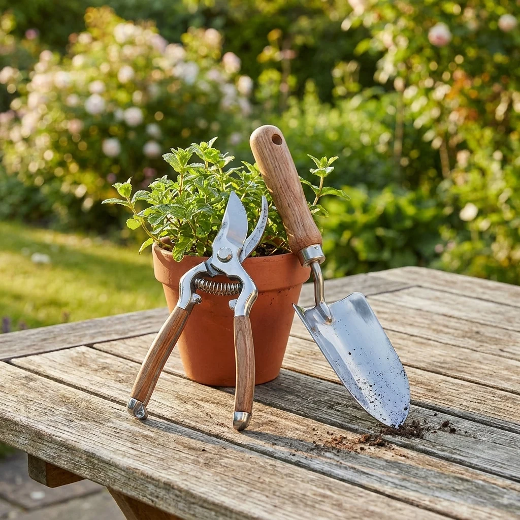 Garden pruning shears and trowel beside a potted plant on a wooden table