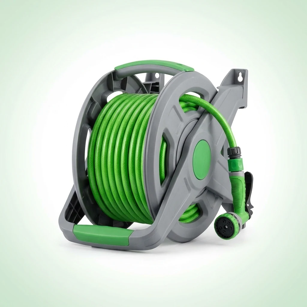 Retractable garden hose reel with 20m green hose and spray nozzle