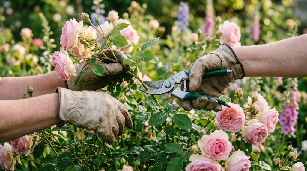 Gardener pruning a flowering rose bush with shears