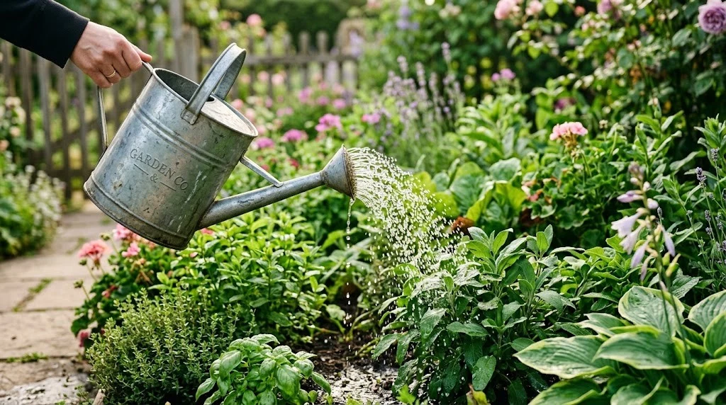Watering can pouring water over healthy garden plants